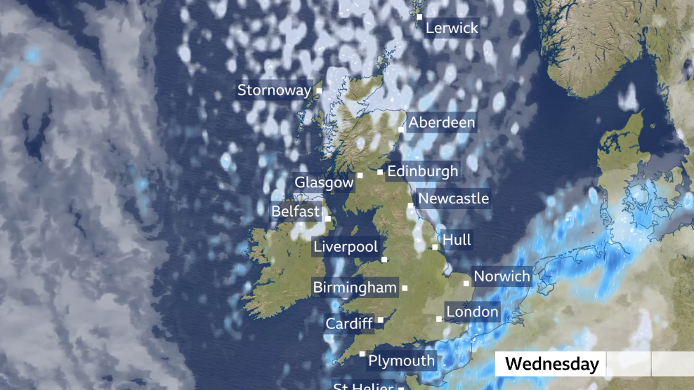 bbc weather graphic showing the UK on Wednesday with snow showers coming into northern Scotland, North Sea coastal areas, Northern Ireland and west Wales.