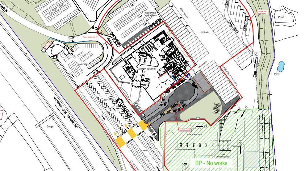 A map of the plans showing roads, car park spaces and builidngs in the centre.