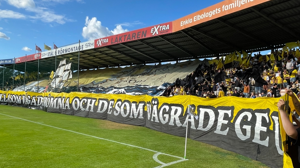 Mjallby fans hold a tifo before their Champions League game at home to Lincoln Red Imps in 2026