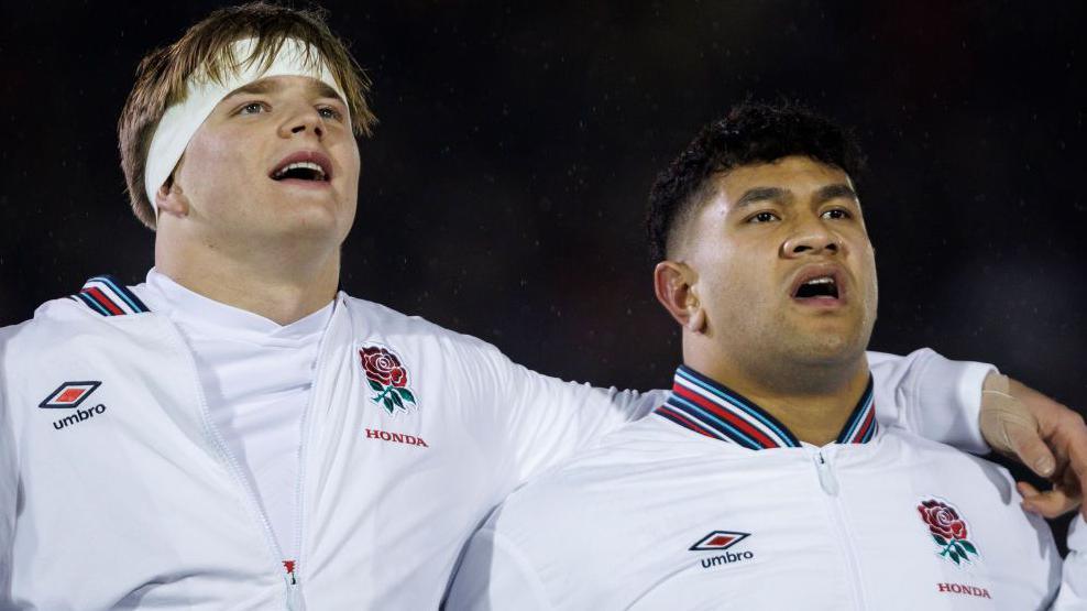 Henry Pollock and Tuipulotu line up before kick-off in an Under-20 Six Nations match