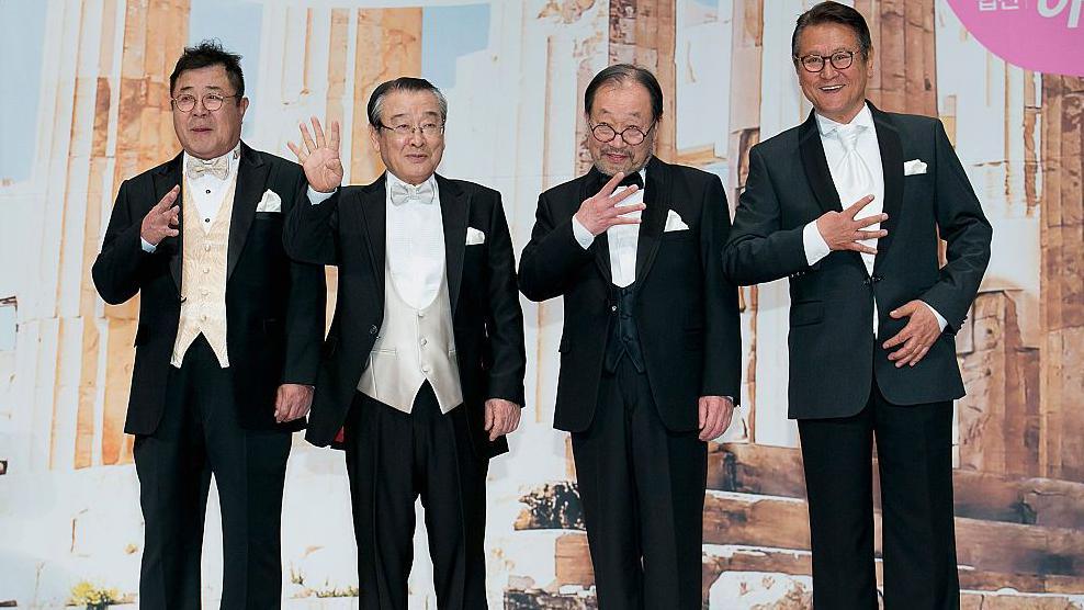 South Korean actors Baek Il-Sub, Lee Soon-Jae, Shin Gu (Shin Goo) and Park Geun-Hyung attend the press conference for tvN "Grandpas Over Flowers In Greece" on March 24, 2015 in Seoul, South Korea. 
