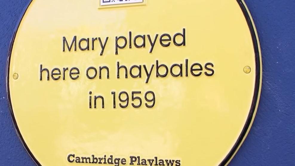 A yellow plaque stated Mary played here on haybales in 1959