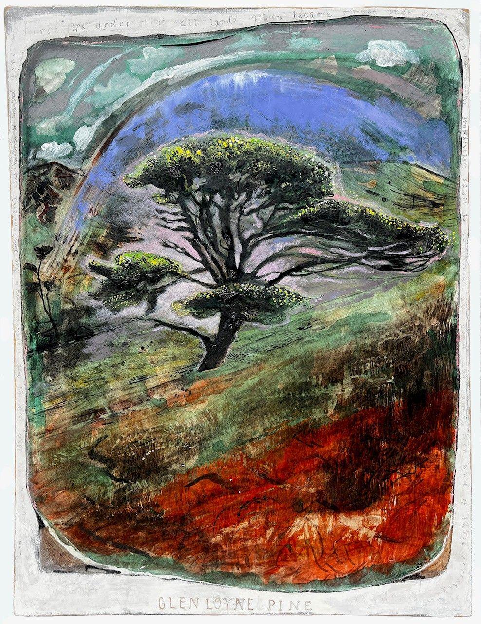 A smudgy tree with green, black and brown colours, with bright blue sky at the top and bright orangey-brown mud in the lower right corner.
and stylized hills can be seen in the background. The canvas is very busy with dashes and scrapes.