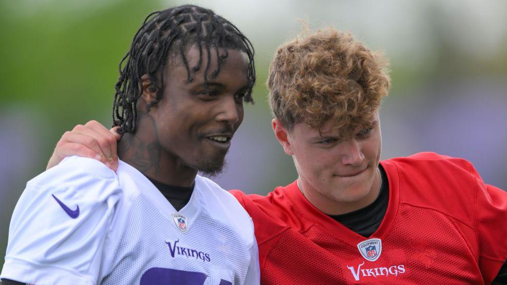 Khyree Jackson and JJ McCarthy pictured at Minnesota Vikings rookie camp in 2024