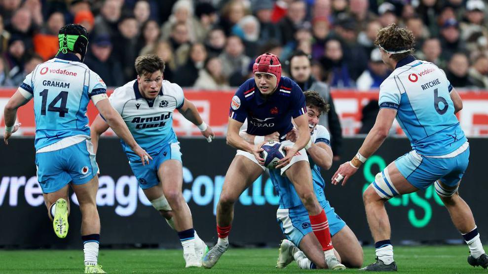 Louis Bielle-Biarrey in action against Scotland in March 2025