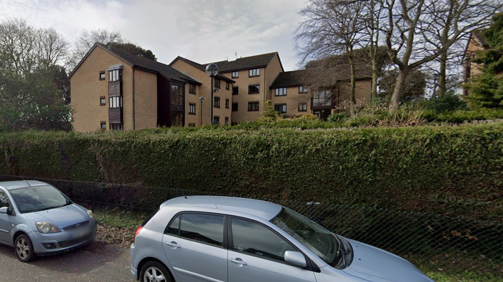 A block of flats at Netley Cliff, seen over a hedge from the roadside