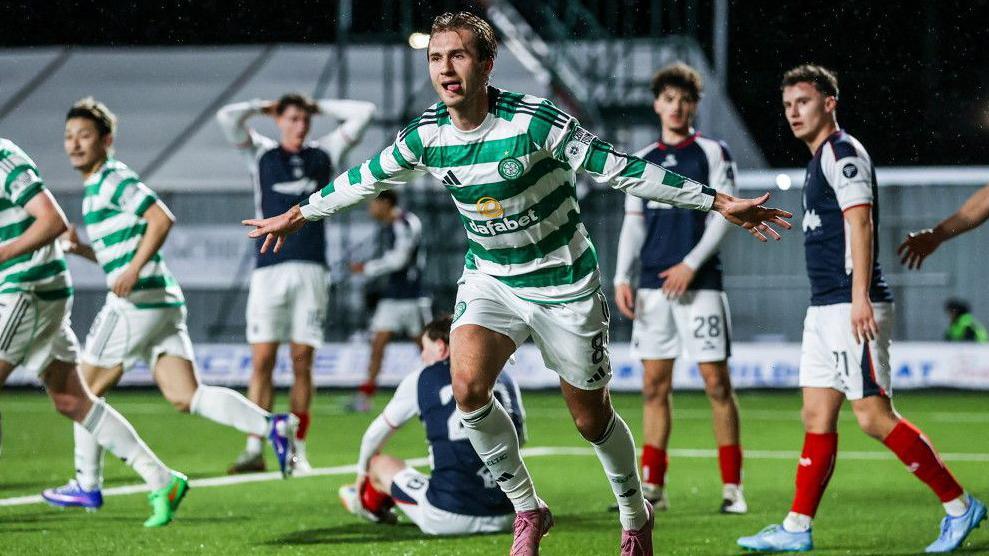 Celtic's Benjamin Nygren celebrates scoring to make it 1-0 during a William Hill Premiership match between Falkirk and Celtic at The Falkirk Stadium,