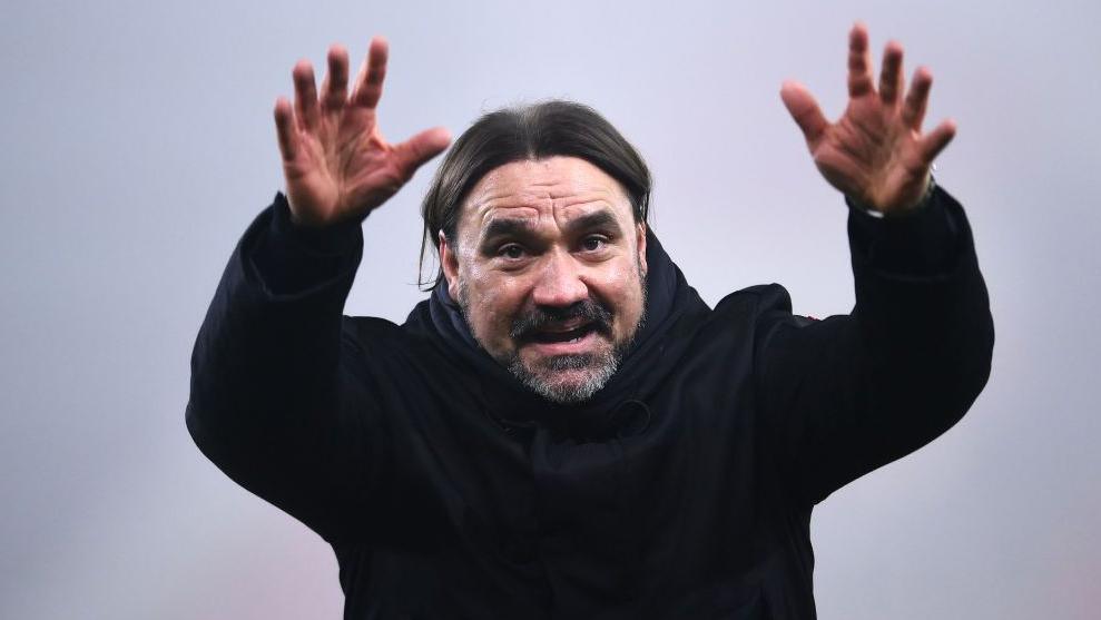 Leeds boss Daniel Farke celebrates his side's win at Stoke