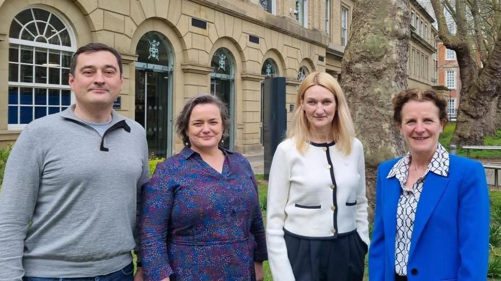 Ukrainian officials Oleksandr Yurkin (end left) and Inna Pylypchuk (second right) with York Council's Labour Leader Cllr Claire Douglas (end right) and Human Rights Executive Member Cllr Katie Lomas.