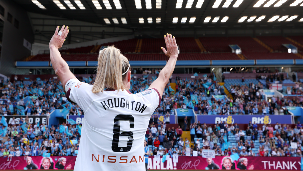 Manchester City's  Steph Houghton acknowledges fans after making her final appearance before retiring in May 2024