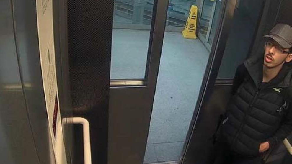 CCTV image of Salman Abedi in a lift at Manchester Victoria station, near Manchester Arena