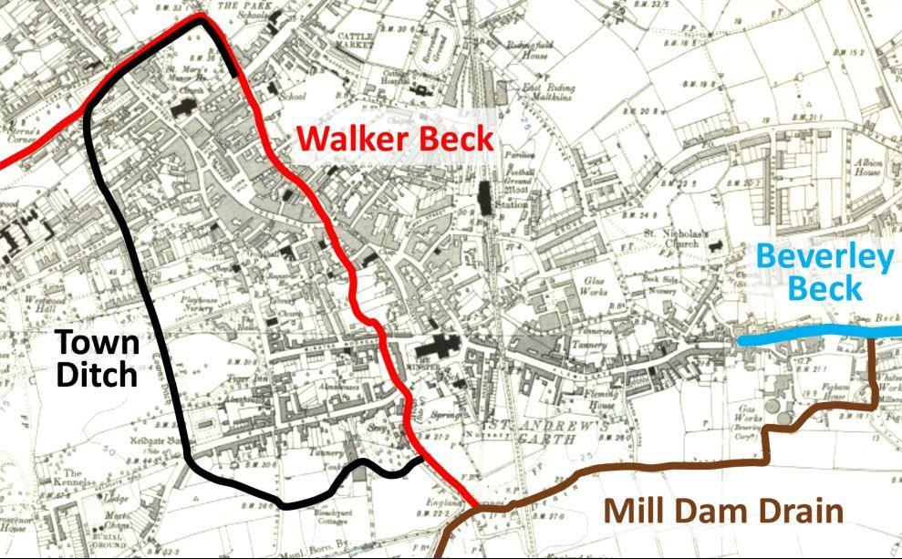 An historic map of Beverley showing the course of the three main streams that ran through the town