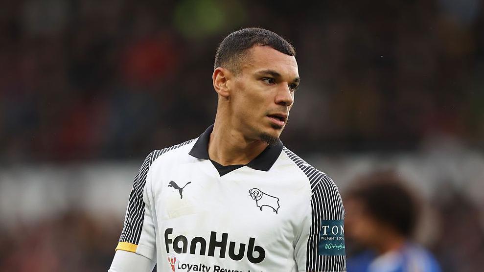 Kayden Jackson looks intently into the distance while playing for Derby County