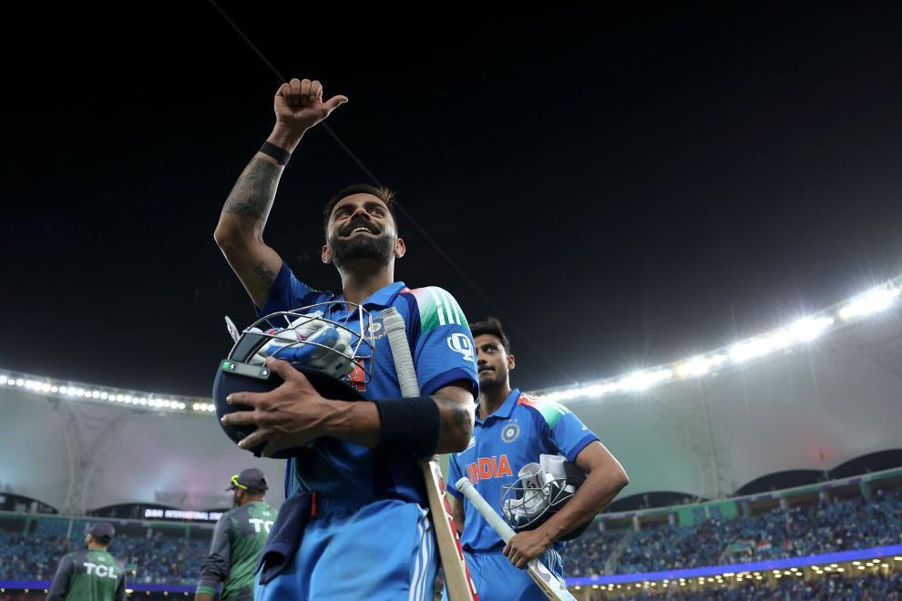 Virat Kohli of India celebrates following the team's victory in the ICC Champions Trophy 2025 match between Pakistan and India at Dubai International Cricket Stadium on February 23, 2025 in Dubai, United Arab Emirates