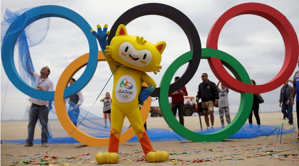 The 2016 Rio Olympics mascot Vinicius attends the inauguration ceremony of the Olympic Rings placed at the Copacabana Beach in Rio de Janeiro, Brazil, July 21, 2016.