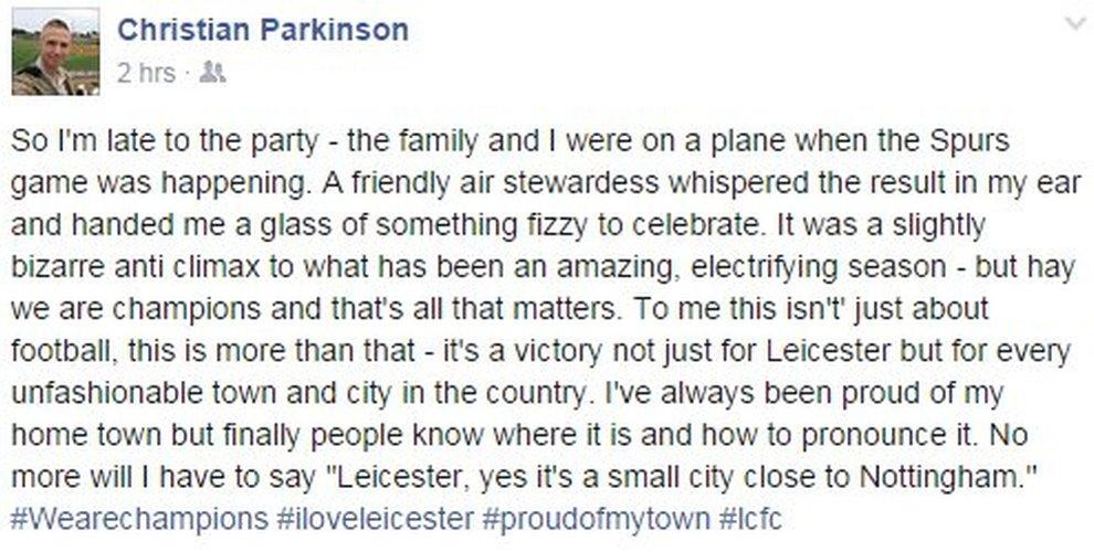 Facebook post by BBC cameraman on how he learned in mid-air about Leicester City's Premier League win - 2 May 2016