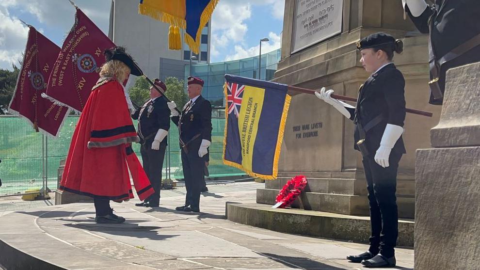 Wreath on war memorial in Bradford