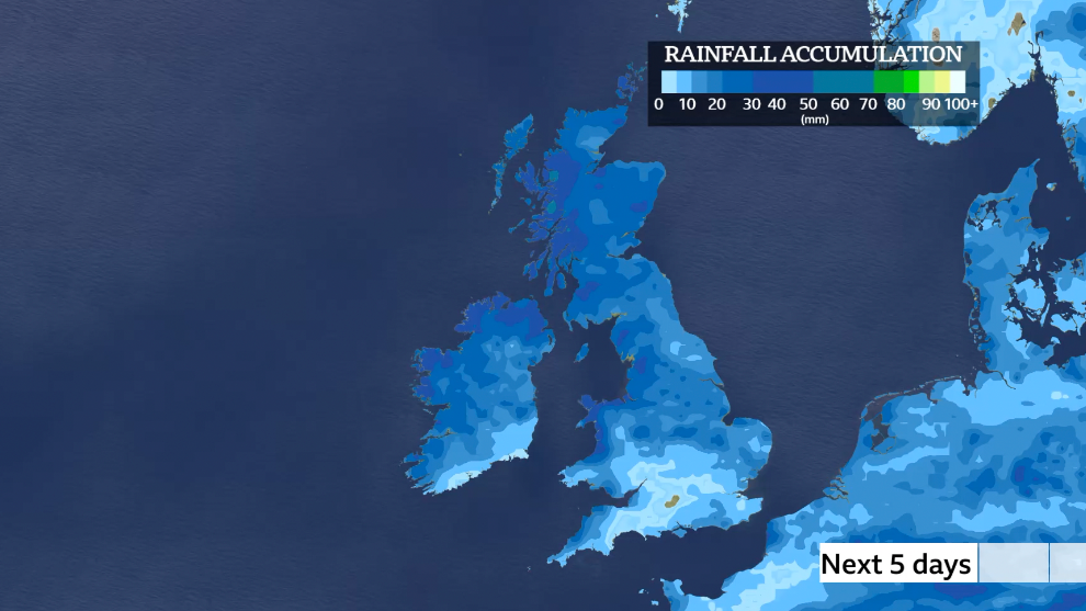 Map of the UK with rainfall accumulation over the next five days. Rain is likely across most of the UK with around 40-50mm in the wettest area of western Scotland and maybe only 1-5mm in southern England