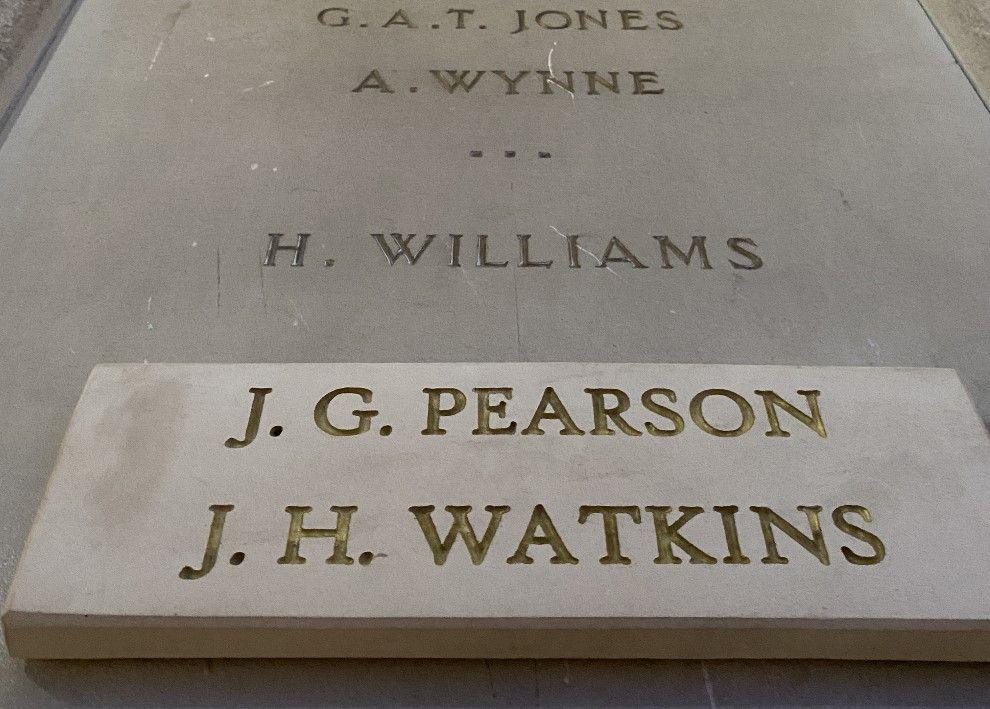 The memorial now naming the two former students, JG Pearson and JH Watkins, with their names on a new raised piece rather than on the previously-constructed memorial.   