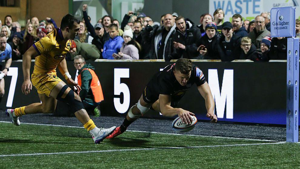 Newcastle score a try against Northampton