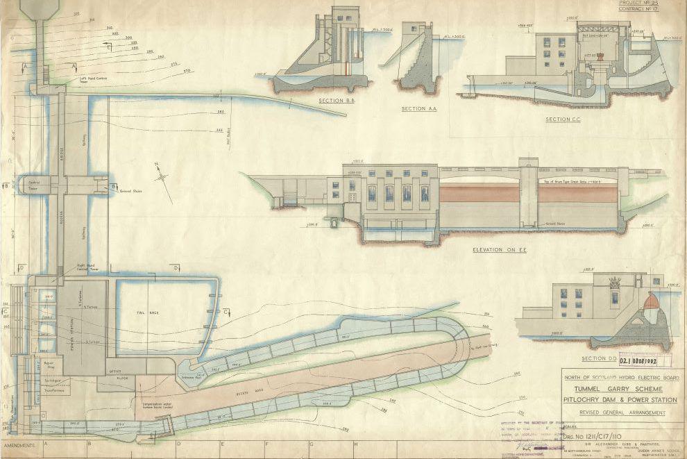 Technical drawing of Pitlochry dam and power station