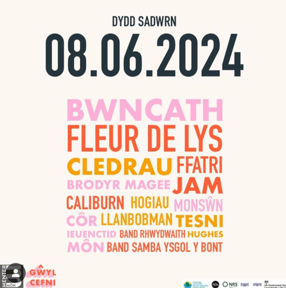 Poster Gŵyl Cefni yn cynnwys Bwncath, Fleur de Lys, Y Cledrau, Ffatri Jam, Brodyr Magee, Caliburn, Hogia Llanbobman a mwy