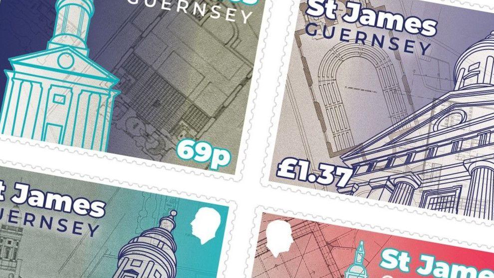 Four stamps depicting illustrations of the building of St James from various angles. 