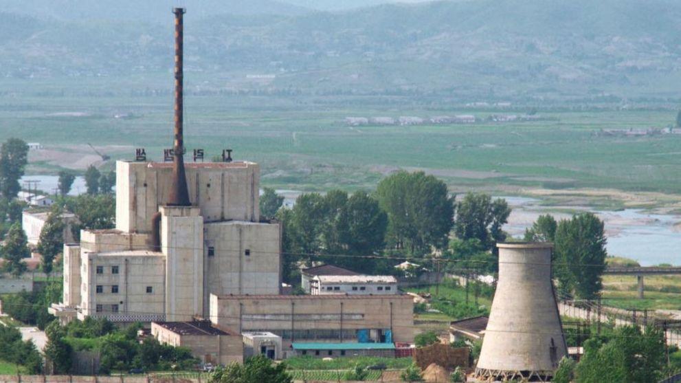 North Korea's Yongbyon nuclear plant is seen before a cooling tower (R) is demolished, in this photo taken June 27, 2008 and released by Kyodo.