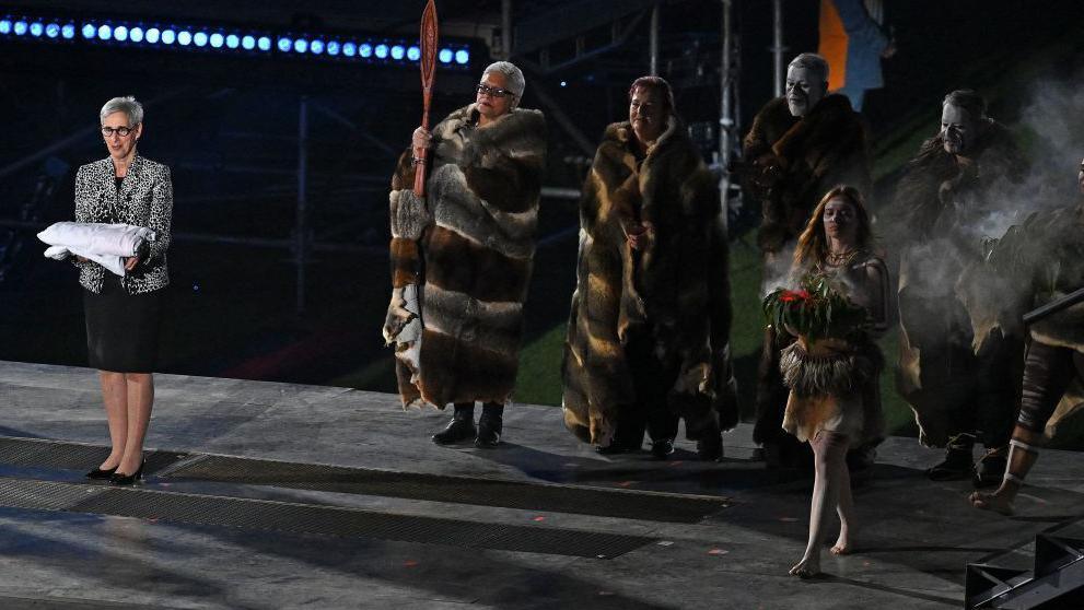 Governor of Victoria Linda Deesau accepts the Commonwealth Games flag during the Birmingham 2022 closing ceremony 