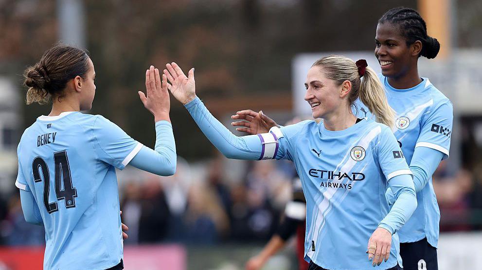 Manchester City players celebrate during their Women's FA Cup win over Bournemouth