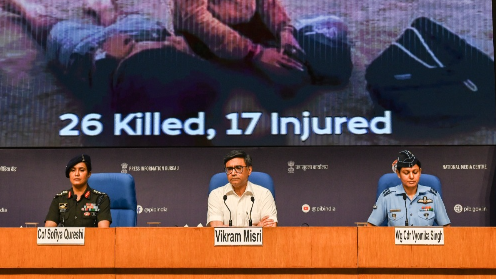 Foreign Secretary Vikram Misri addresses the media along with Colonel Sofiya Qureshi and Wing Commander Vyomika Singh at the National Media Centre in New Delhi on May 07 2025.