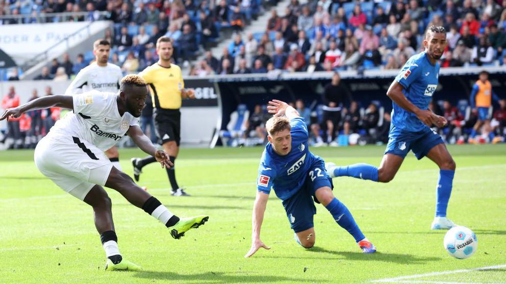 Victor Boniface doubles Bayer Leverkusen's lead in their Bundesliga match at Hoffenheim.