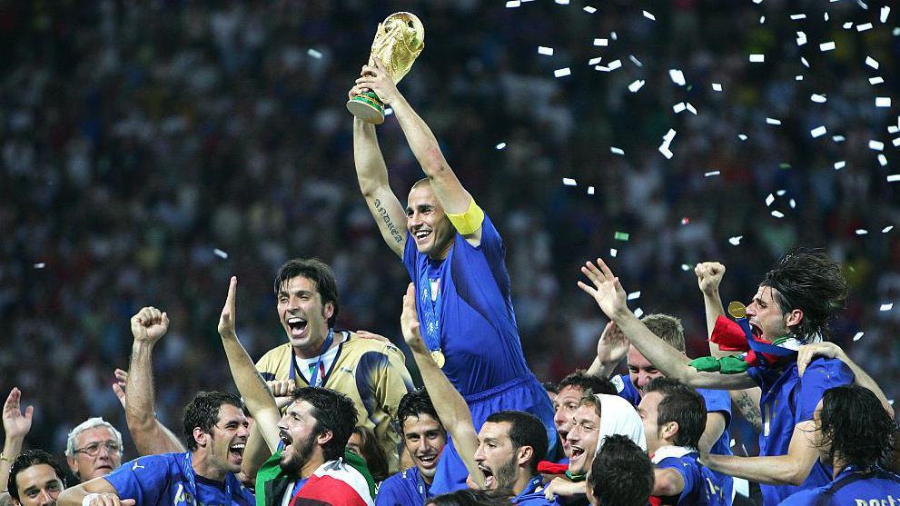 Fabio Cannavaro lifts the World Cup trophy 