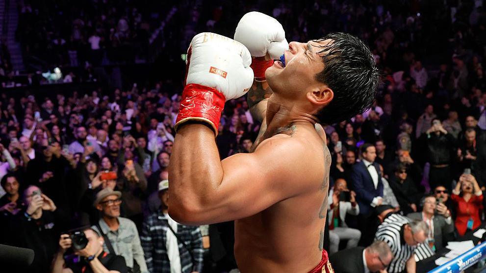 Ryan Garcia celebrates after winning the WBC welterweight in Las Vegas 