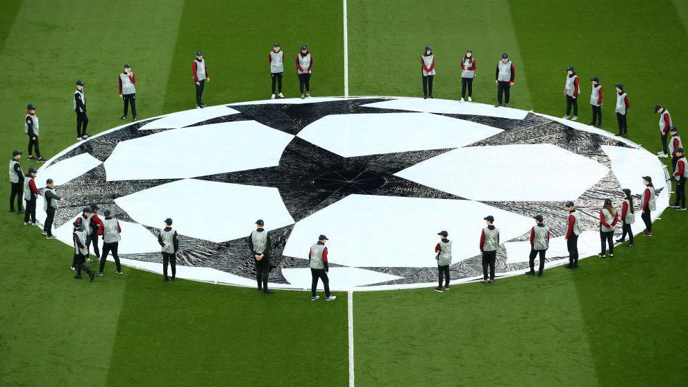 The Uefa Champions League logo sits in the centre circle ahead of a match