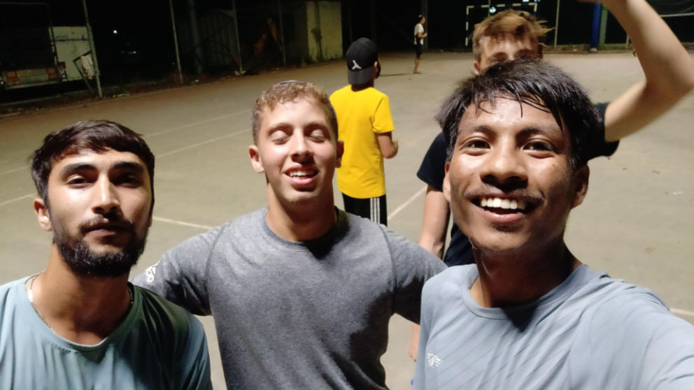 Last selfie taken at the Kibbutz Alumim basketball court, showing Bipin, Dhan Bahadur and Israeli friends
