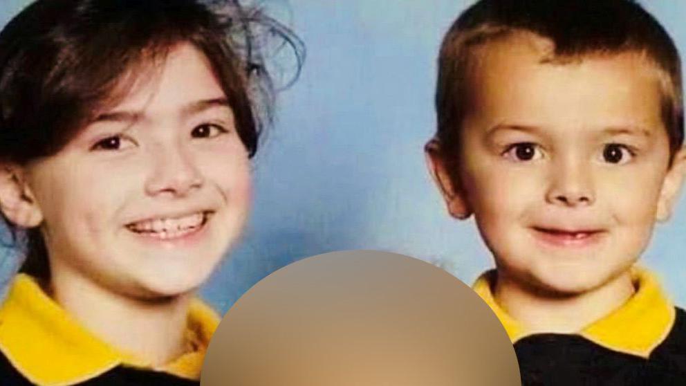A young girl and boy, Meaghann and William Murphy when they were children, smiling at the camera.