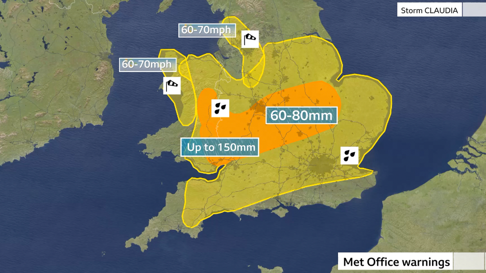 map of Wales and central England showing a large area of yellow weather warning stretching from North Wales to Hull down to north Kent across to Plymouth in force between Friday 06:00 to Saturday 06:00. Two other smaller areas of yellow cover west North Wales, in force from midday on Friday to midnight. The final yellow warning is shown across North West England between 12:00 - 23:59 on Friday. 
Laid on top of the yellow is an large amber weather warning area stretching across the Midlands as well as the east and south-east Wales. In force from Friday 12:00 to 23:59. 60-80mm is expected widely with up to 100-150mm over higher ground in parts of east Wales.