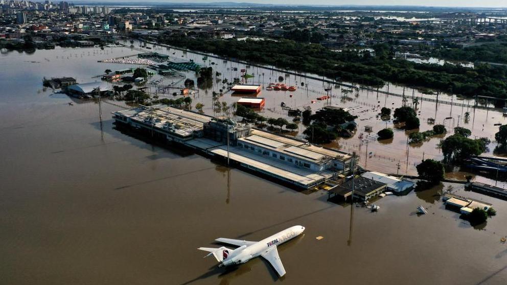 A drone shot shows a cargo plane at the flooded Salgado Filho International Airport in Porto Alegre in Rio Grande do Sul, Brazil, May 7, 2024.