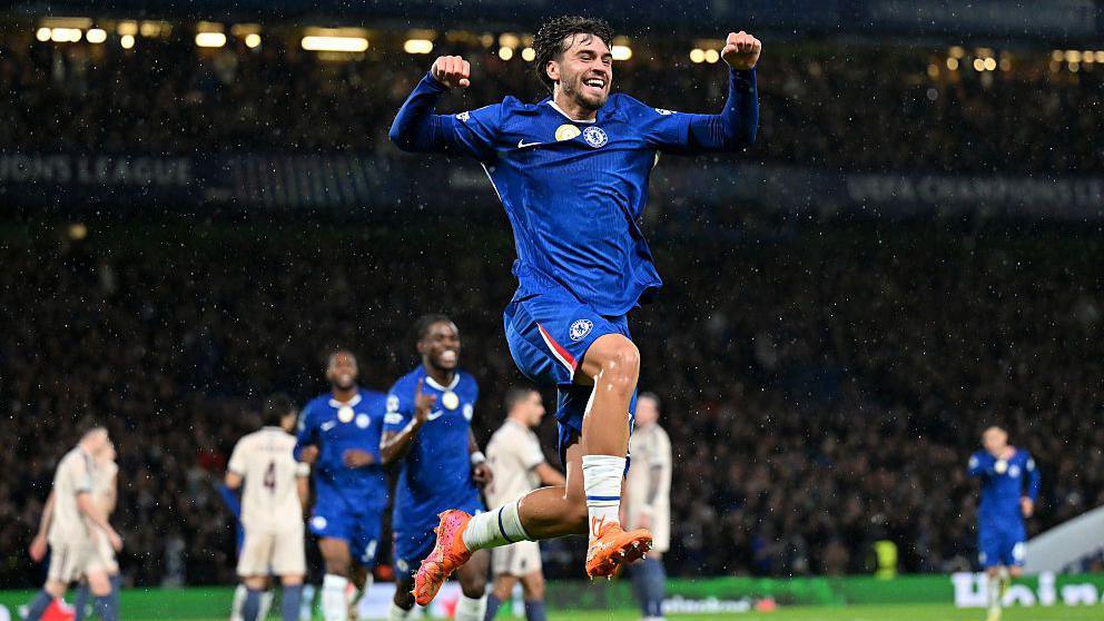 Marc Guiu celebrates his goal against Ajax on Wednesday by leaping into the air