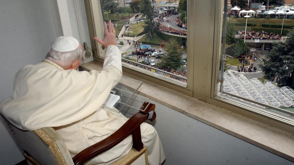 Late Pope John Paul II delivers his blessing from the window of the Gemelli hospital in Rome 