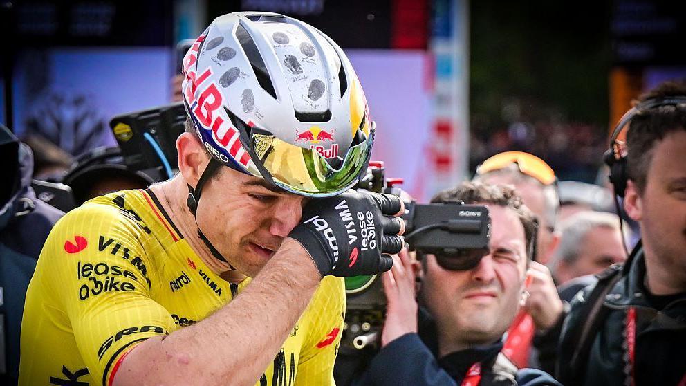 Wout van Aert celebrates winning Paris-Roubaix