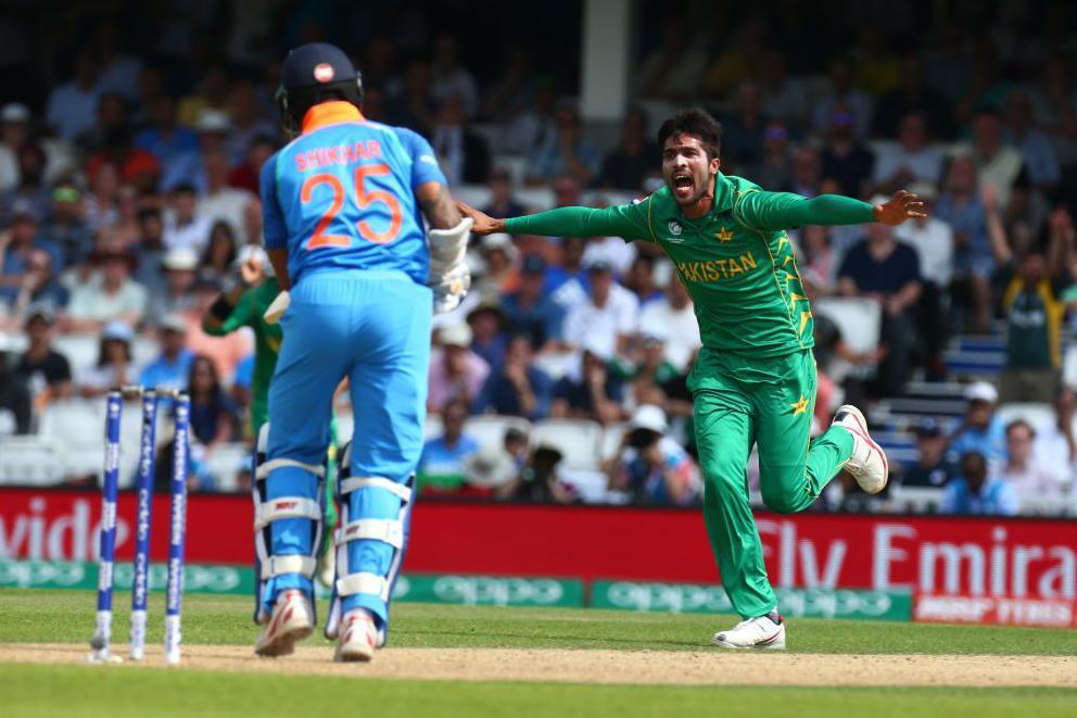 Muhammad Amir of Pakistan celebrate the wicket of Shikhar Dhawan of India during the ICC Champions Trophy Final match between India and Pakistan at The Oval in London on June 18, 2017