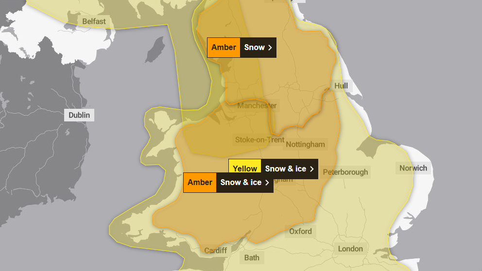 A map of the United Kingdom with the the north-west portion highlighted in amber and yellow to indicate weather warnings.