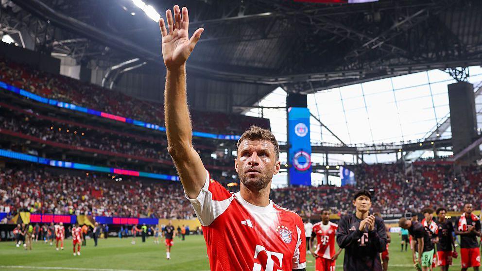 Thomas Muller gestures to the crowd after making his final Bayern Munich appearance in the Club World Cup quarter-final defeat by Paris St-Germain