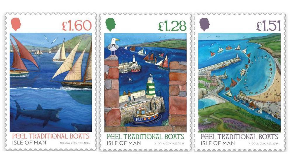 Three stamps featuring animated images of boats