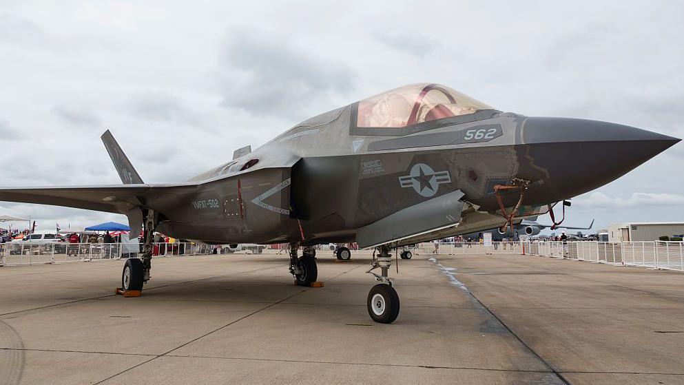 A close-up shot of the US Marine Corps F-35 fighter jet displayed at America's Air Show at Marine Corps Air Station Miramar in San Diego, California.