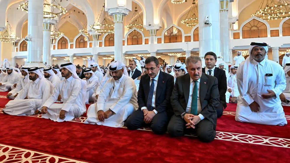 Turkish Vice President Cevdet Yilmaz, Leader of Great Unity Party (BBP) of Turkiye Mustafa Destici attend the funeral ceremony of Hamas political chief Ismail Haniyeh, who was assassinated in Iran's capital Tehran at the Imam Abd al-Wahhab Mosque in Doha, Qatar on August 02, 2024.