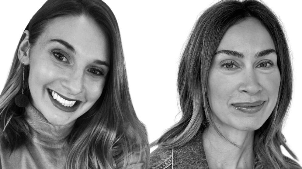 Black and white headshots of two women. They both have long hair. Louise is wearing a jumper and Adina is wearing a denim shirt.