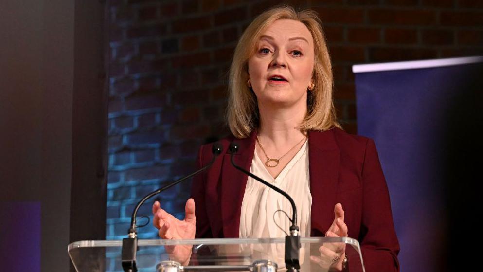 Liz Truss speaking at the launch of the Popular Conservatives grouping, PopCon, in London in February 2024